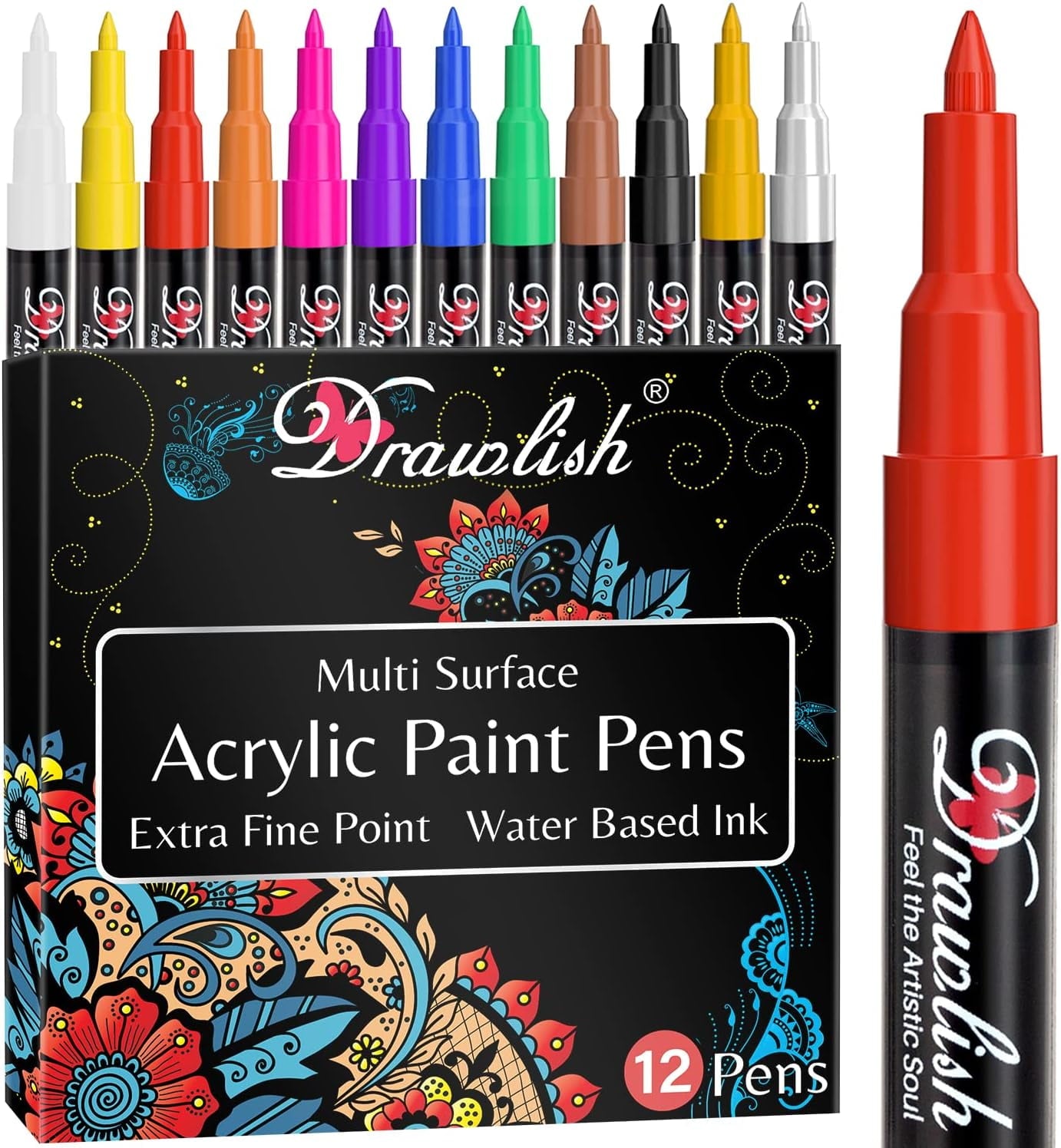 Acrylic Paint Pens for Rock Painting - Set of 12 Acrylic Markers - 0.7mm Tip with Extra Fine Point & Water-Based Ink - Ideal Paint Marker for Ceramic, Fabric, Porcelain, Wood, Canvas & DIY Mug Design